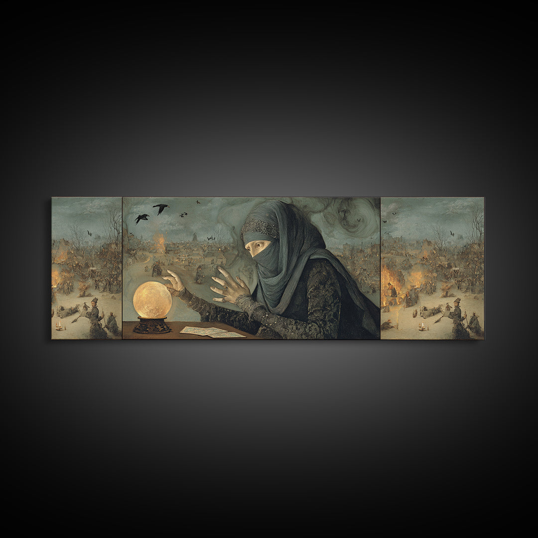 The Midnight Fortune Teller, Northern Renaissance Horror, Extra Wide Wall Art, Dark Halloween Decor, Canvas Print