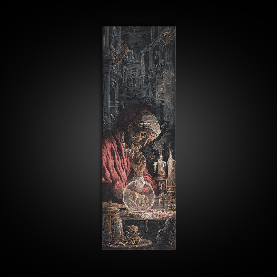 The Midnight Fortune Teller, Architectural Etching Art, Tall Narrow Wall Art, Dark Halloween Decor, Framed Canvas Print