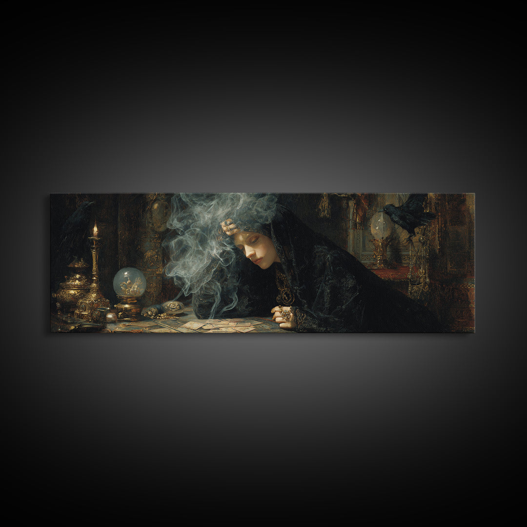 The Midnight Fortune Teller, Ornate Symbolist Art, Extra Wide Wall Art, Gothic Horror Wall Art, Canvas Print, Halloween Wall Art