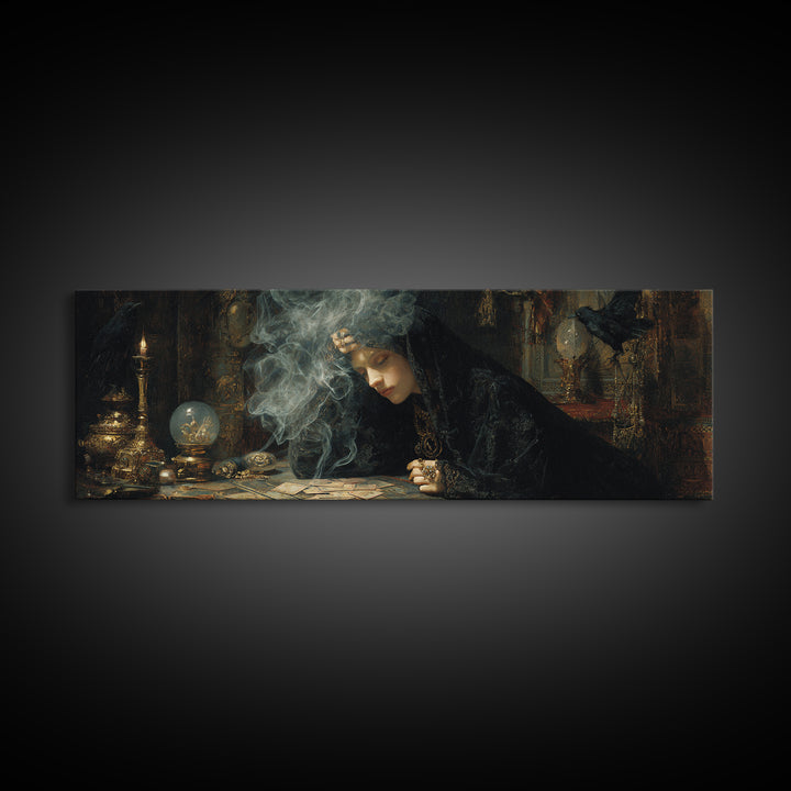 The Midnight Fortune Teller, Ornate Symbolist Art, Extra Wide Wall Art, Gothic Horror Wall Art, Canvas Print, Halloween Wall Art