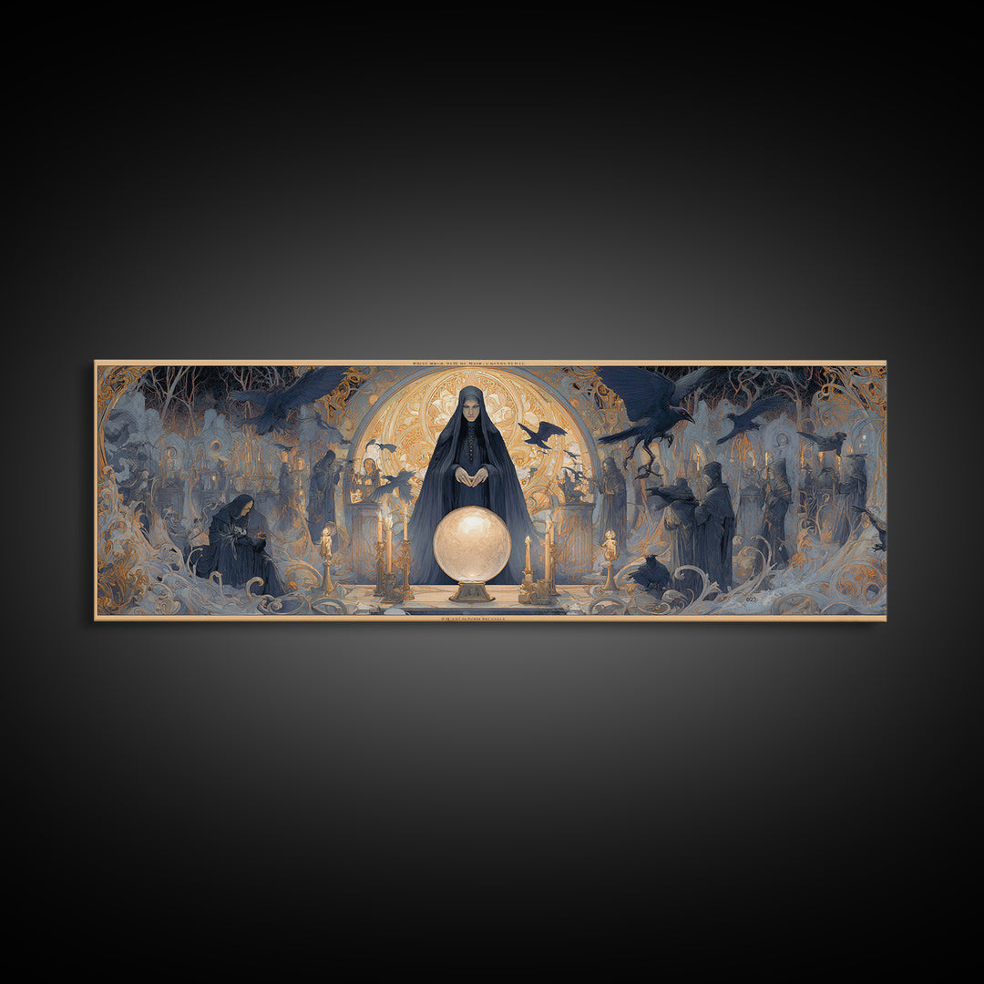 The Midnight Fortune Teller, Symbolist Death Art, Extra Wide Wall Art, Macabre Wall Art, Canvas Print, Halloween Wall Art
