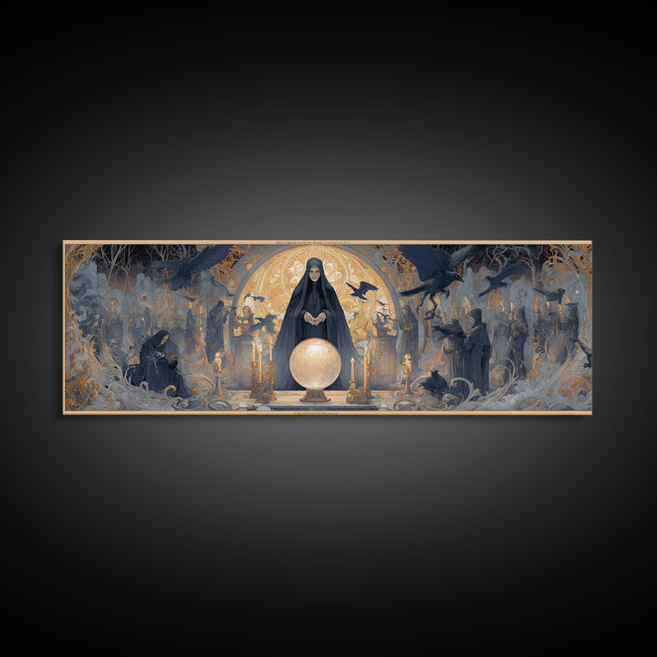 The Midnight Fortune Teller, Symbolist Death Art, Extra Wide Wall Art, Macabre Wall Art, Canvas Print, Halloween Wall Art