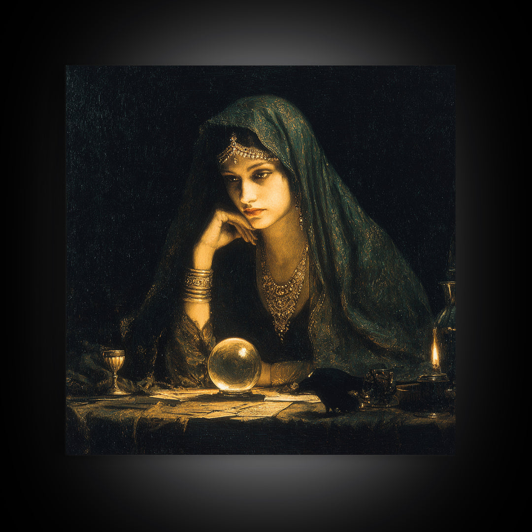 The Midnight Fortune Teller, Dark Symbolist Art, Square Wall Art, Dark Fantasy Wall Art, Canvas Print, Halloween Wall Art