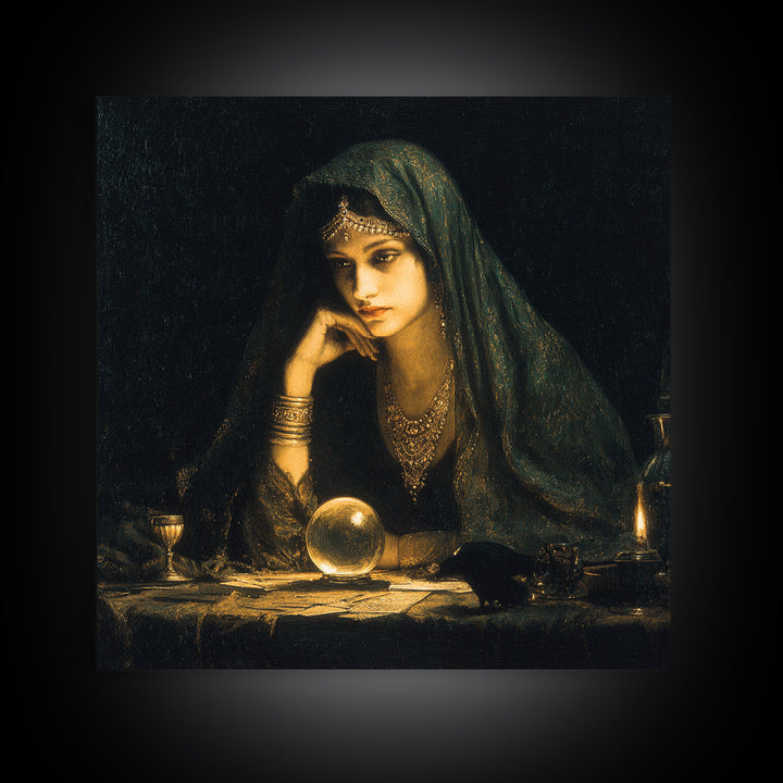The Midnight Fortune Teller, Dark Symbolist Art, Square Wall Art, Dark Fantasy Wall Art, Canvas Print, Halloween Wall Art