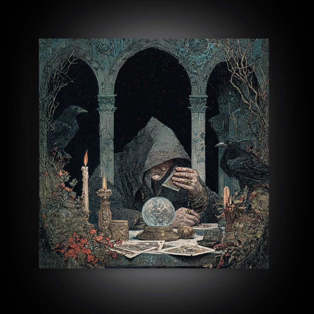 The Midnight Fortune Teller, Symbolist Etching Art, Square Wall Art, Dark Halloween Decor, Framed Canvas Print, Halloween Wall Art