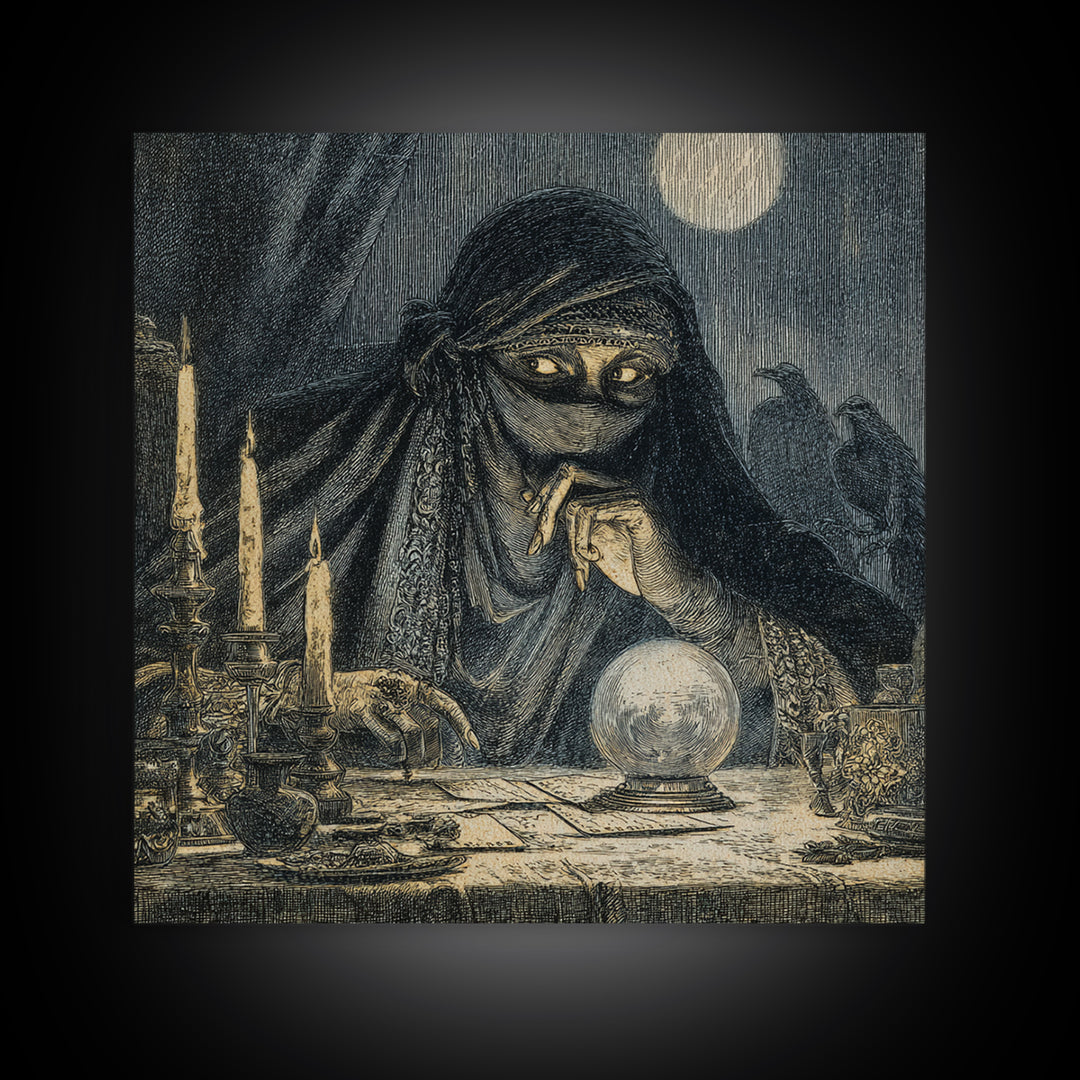 The Midnight Fortune Teller, Expressionist Nightmare Art, Square Wall Art, Gothic Horror Wall Art, Canvas Print, Halloween Wall Art