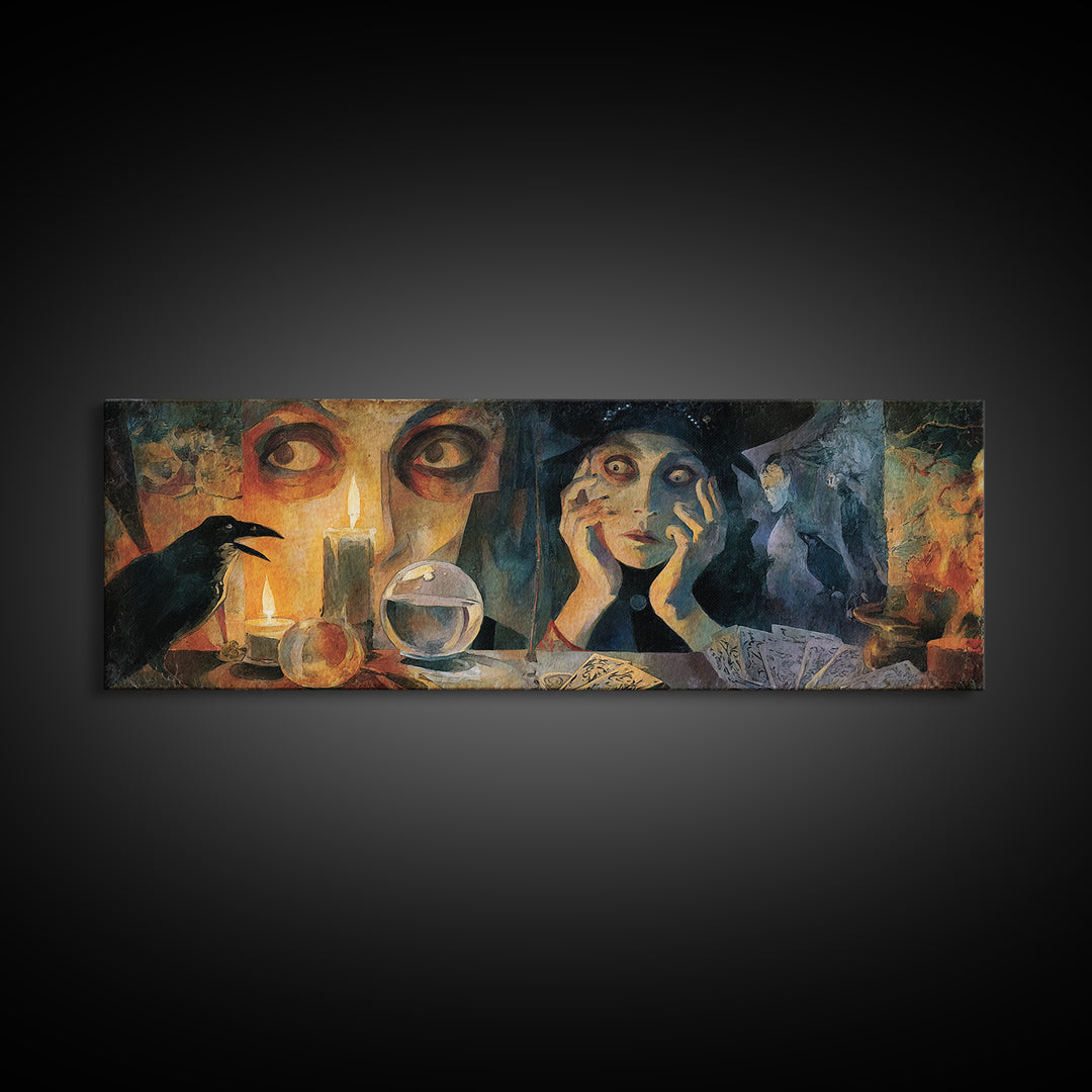 The Midnight Fortune Teller, Expressionist Gothic Art, Extra Wide Wall Art, Macabre Wall Art, Canvas Print, Halloween Wall Art