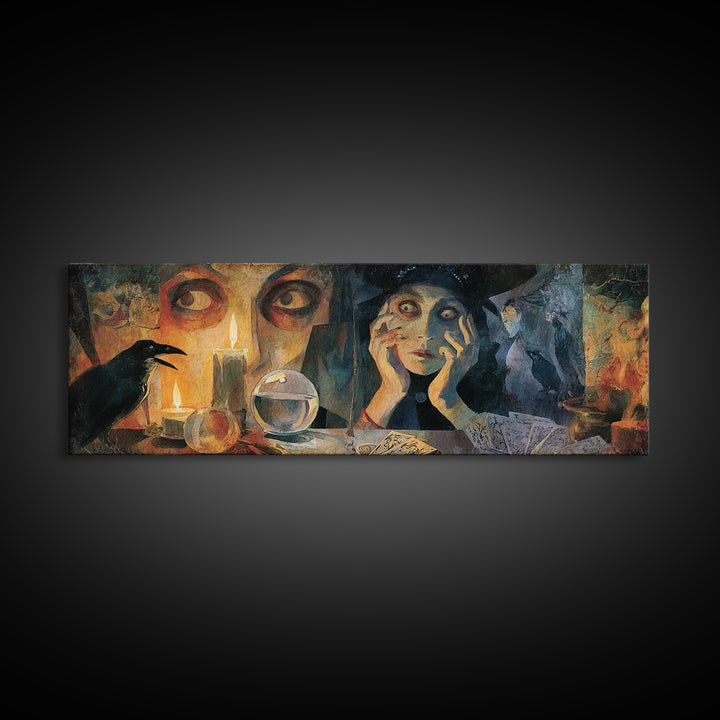The Midnight Fortune Teller, Expressionist Gothic Art, Extra Wide Wall Art, Macabre Wall Art, Canvas Print, Halloween Wall Art