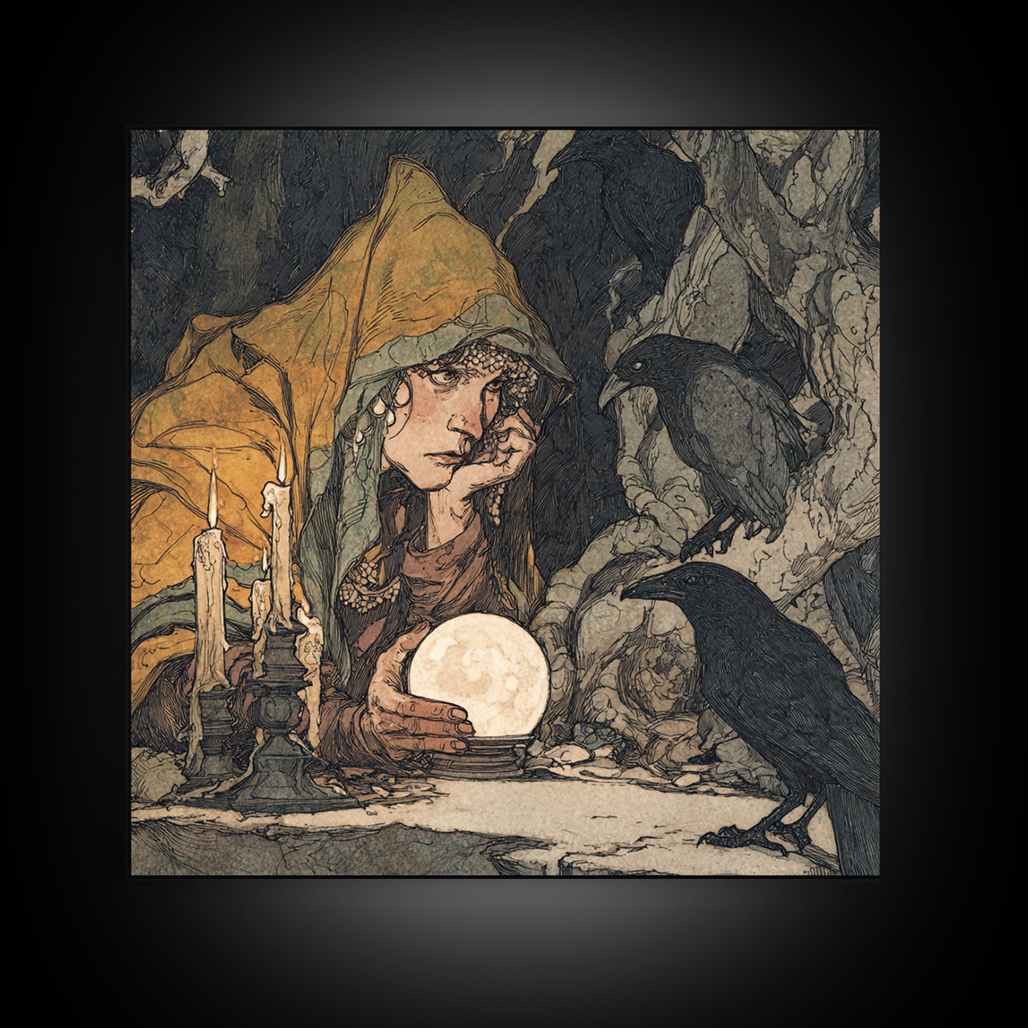 The Midnight Fortune Teller, Gothic Storybook Art, Square Wall Art, Dark Fantasy Wall Art, Framed Canvas Print, Halloween Wall Art