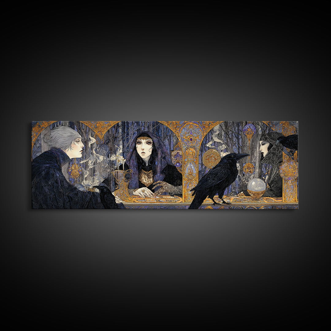 The Midnight Fortune Teller, Stained Glass Gothic Art, Extra Wide Wall Art, Dark Halloween Decor, Canvas Print, Halloween Wall Art