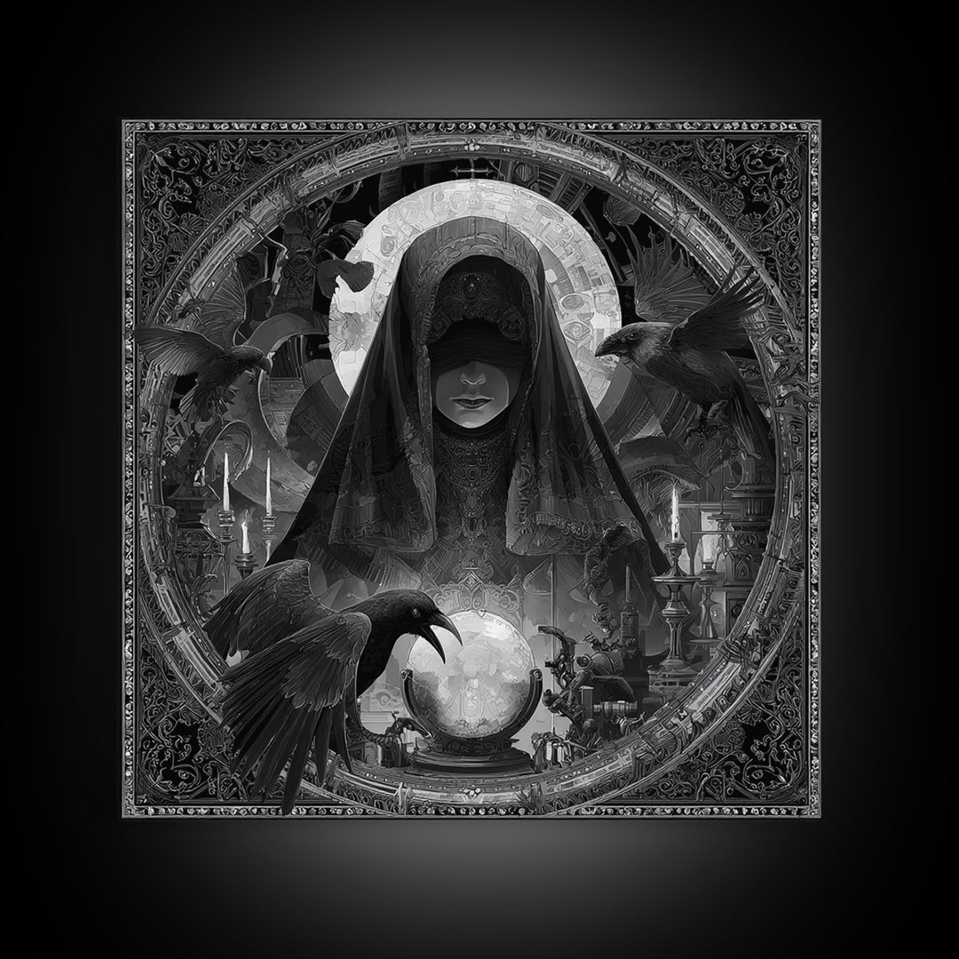 The Midnight Fortune Teller, Biomechanical Horror Art, Square Wall Art, Dark Halloween Decor, Canvas Print, Halloween Wall Art