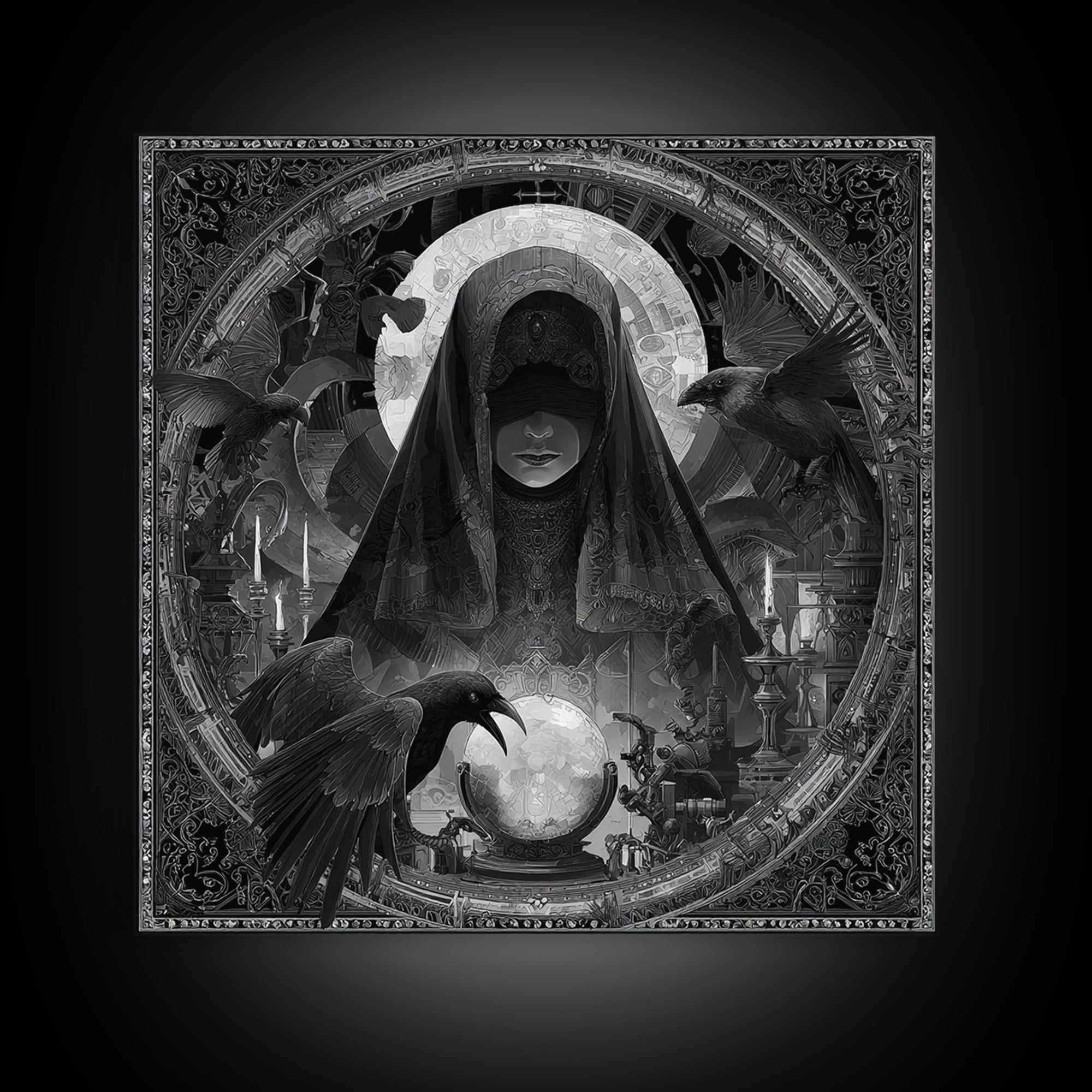 The Midnight Fortune Teller, Biomechanical Horror Art, Square Wall Art, Dark Halloween Decor, Canvas Print, Halloween Wall Art