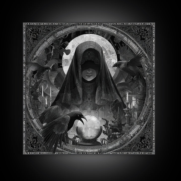 The Midnight Fortune Teller, Biomechanical Horror Art, Square Wall Art, Dark Halloween Decor, Canvas Print, Halloween Wall Art