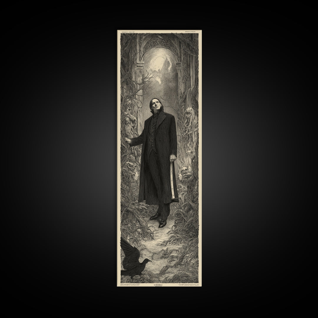 The Sinister Undertaker, Gothic Engraving Art, Tall Narrow Wall Art, Dark Fantasy Wall Art, Framed Canvas Print, Halloween Wall Art