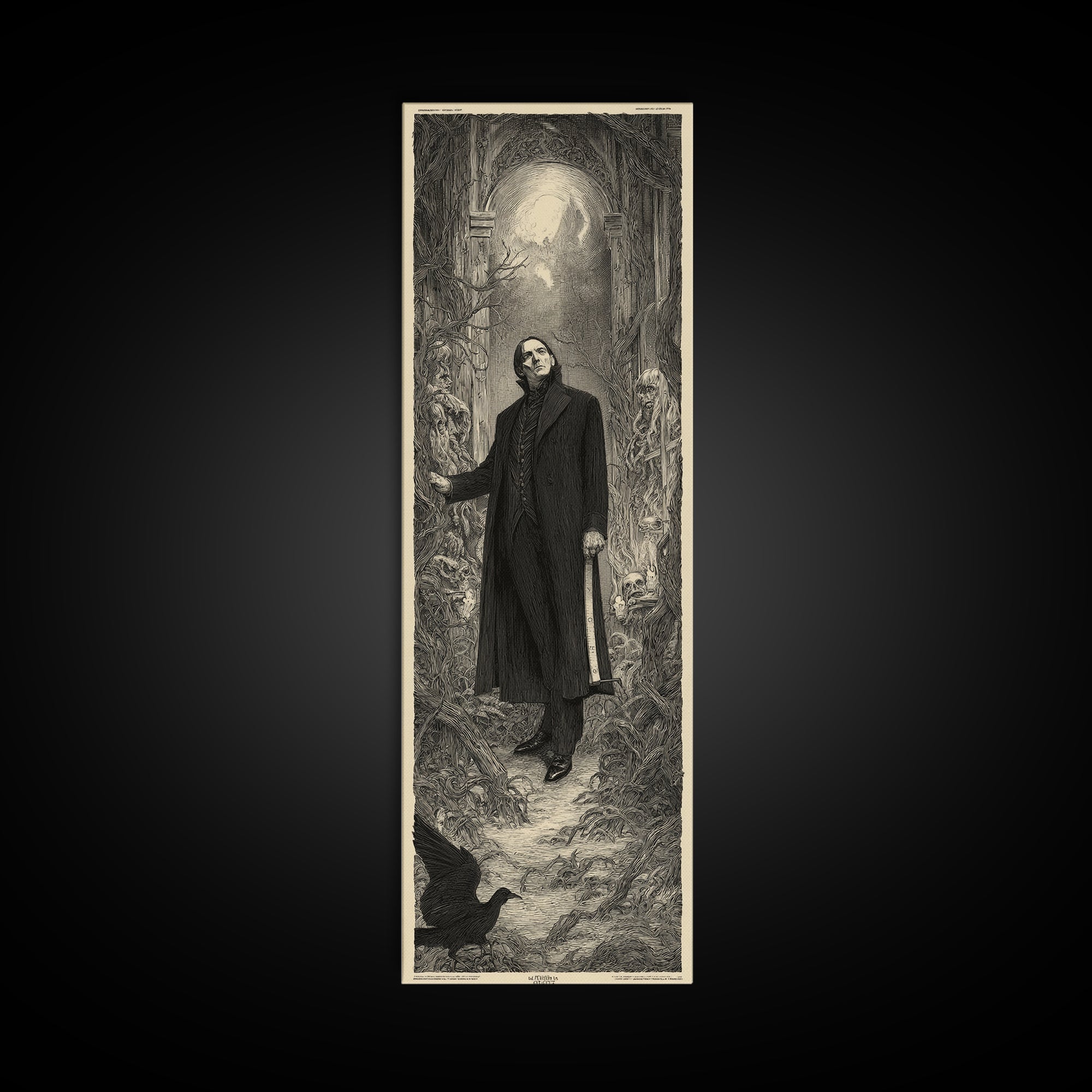 The Sinister Undertaker, Gothic Engraving Art, Tall Narrow Wall Art, Dark Fantasy Wall Art, Framed Canvas Print, Halloween Wall Art