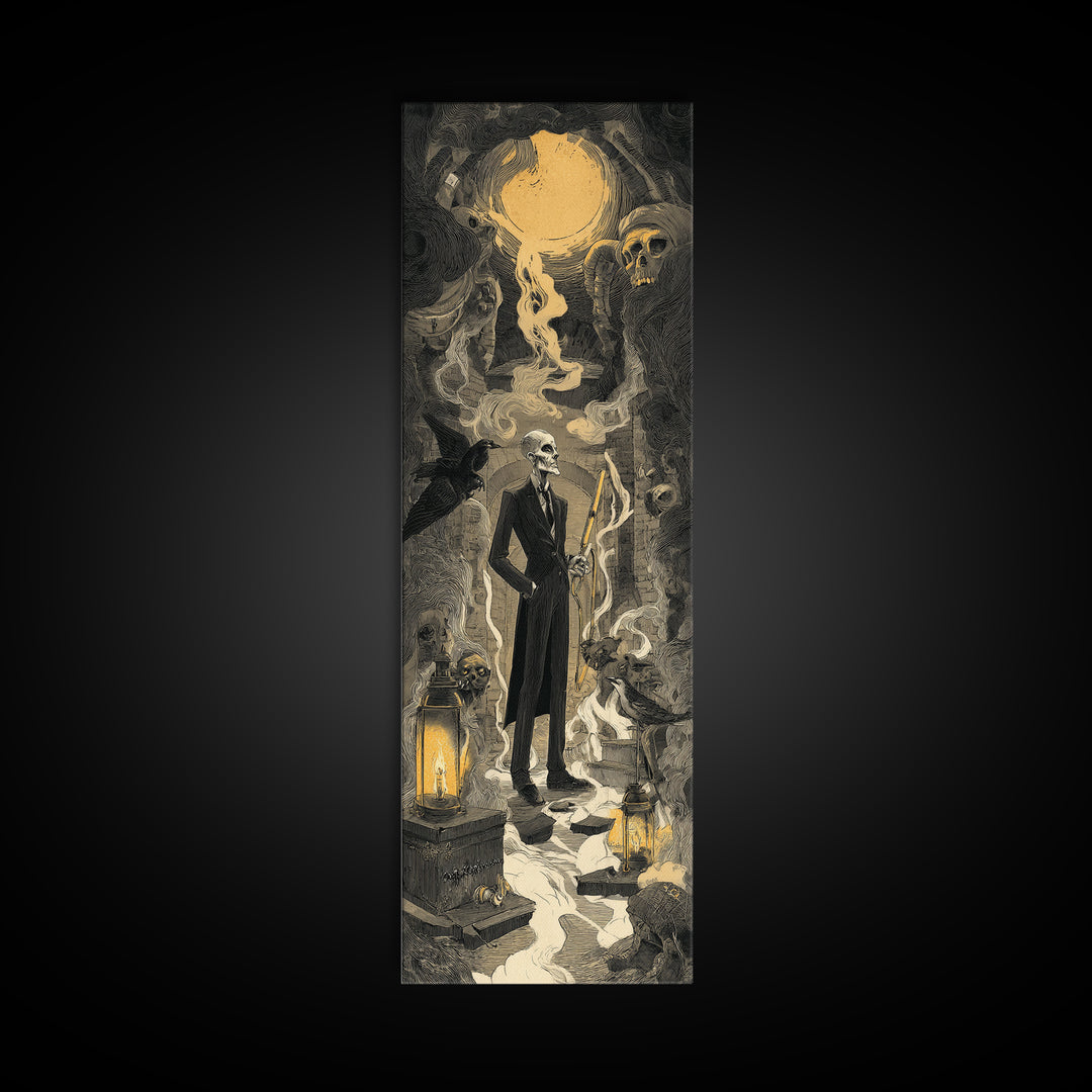 The Sinister Undertaker, Architectural Etching Art, Tall Narrow Wall Art, Dark Halloween Decor, Canvas Print, Dark Fantasy Art