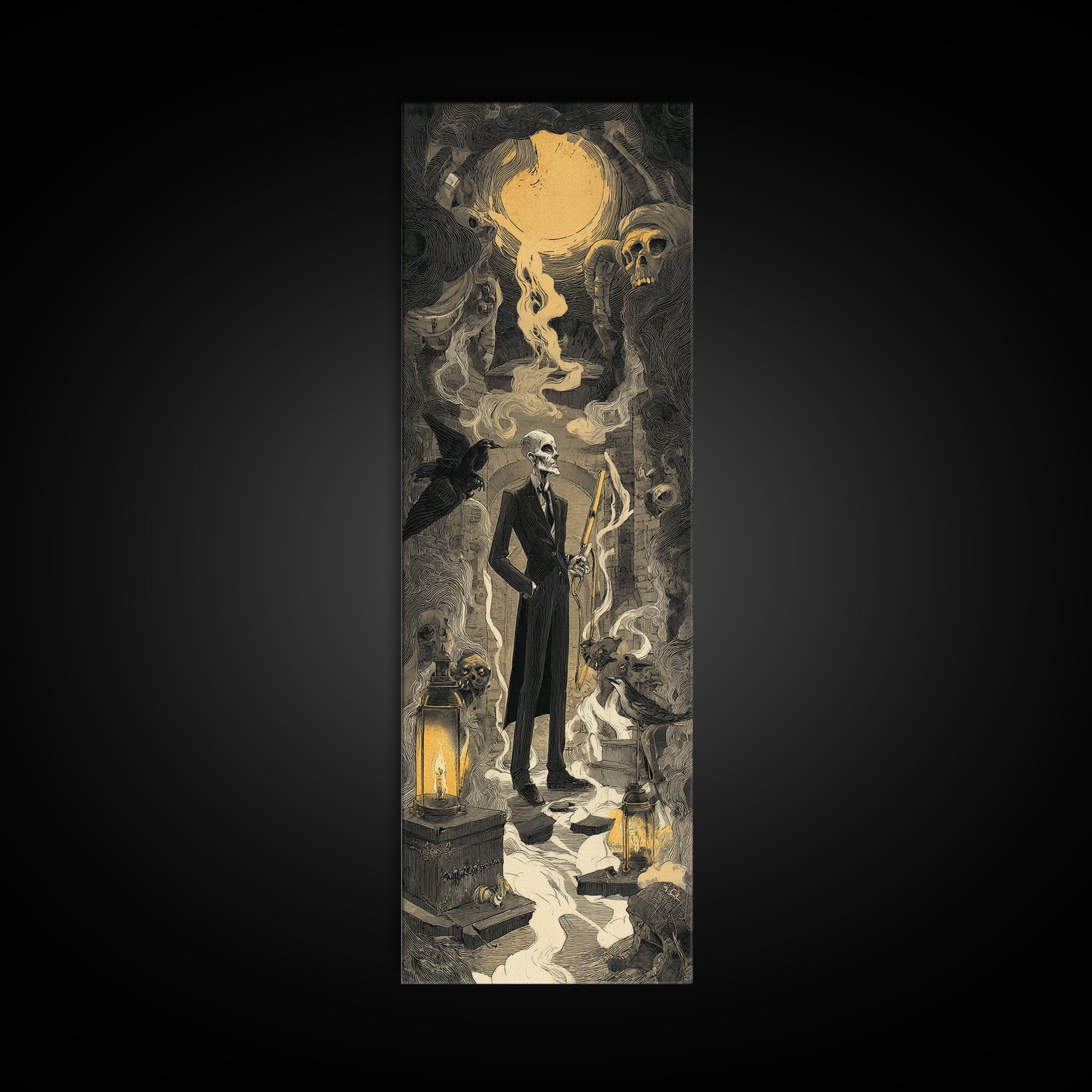 The Sinister Undertaker, Architectural Etching Art, Tall Narrow Wall Art, Dark Halloween Decor, Canvas Print, Dark Fantasy Art