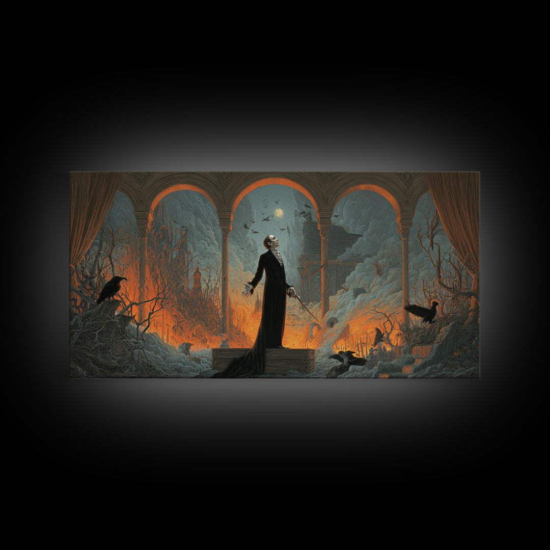 The Sinister Undertaker, Apocalyptic Romantic Art, Wide Panoramic Art, Dark Halloween Decor, Canvas Print, Halloween Wall Art