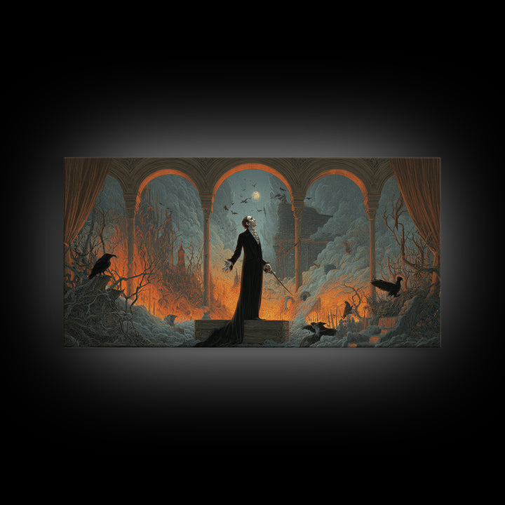 The Sinister Undertaker, Apocalyptic Romantic Art, Wide Panoramic Art, Dark Halloween Decor, Canvas Print, Halloween Wall Art