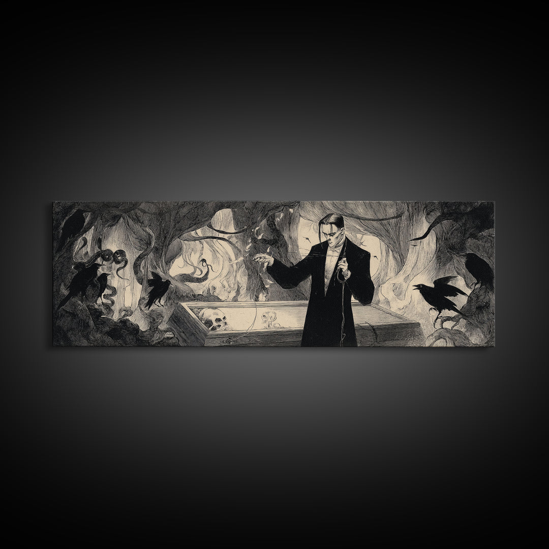 The Sinister Undertaker, Dark Symbolist Art, Extra Wide Wall Art, Dark Halloween Decor, Canvas Print, Halloween Wall Art