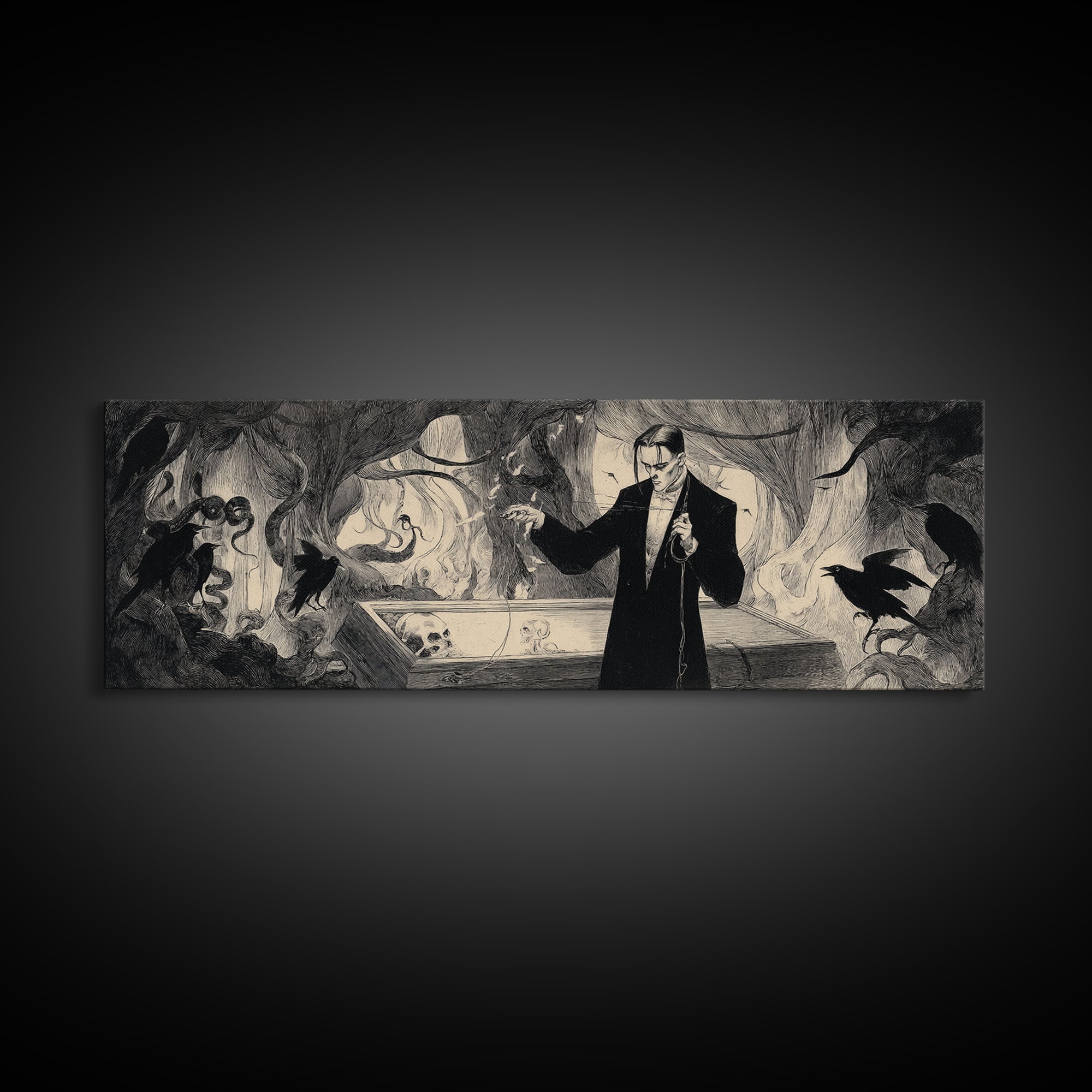 The Sinister Undertaker, Dark Symbolist Art, Extra Wide Wall Art, Dark Halloween Decor, Canvas Print, Halloween Wall Art