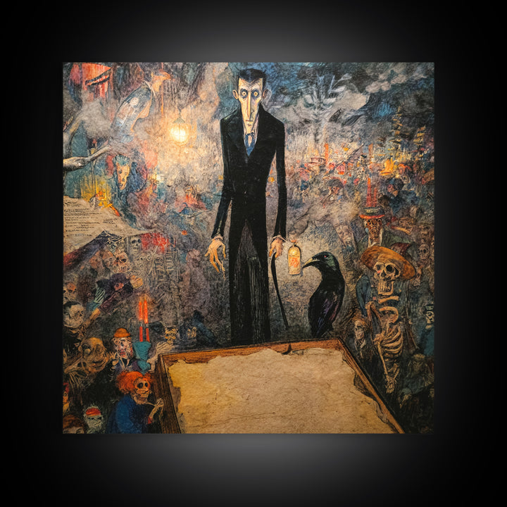 The Sinister Undertaker, Grotesque Carnival Art, Square Wall Art, Macabre Wall Art, Framed Canvas Print, Halloween Wall Art
