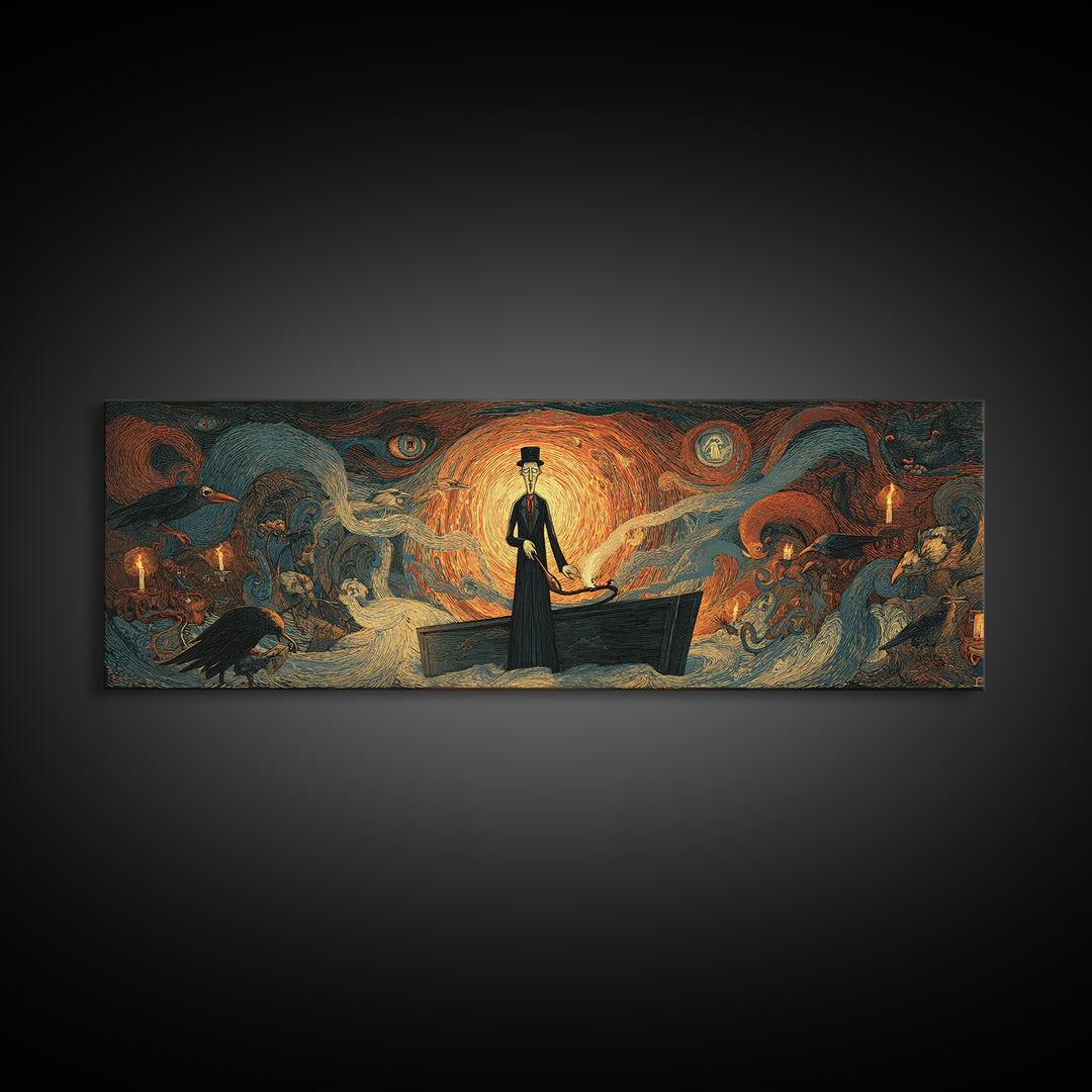 The Sinister Undertaker, Expressionist Gothic Art, Extra Wide Wall Art, Dark Fantasy Wall Art, Framed Canvas Print, Halloween Wall Art