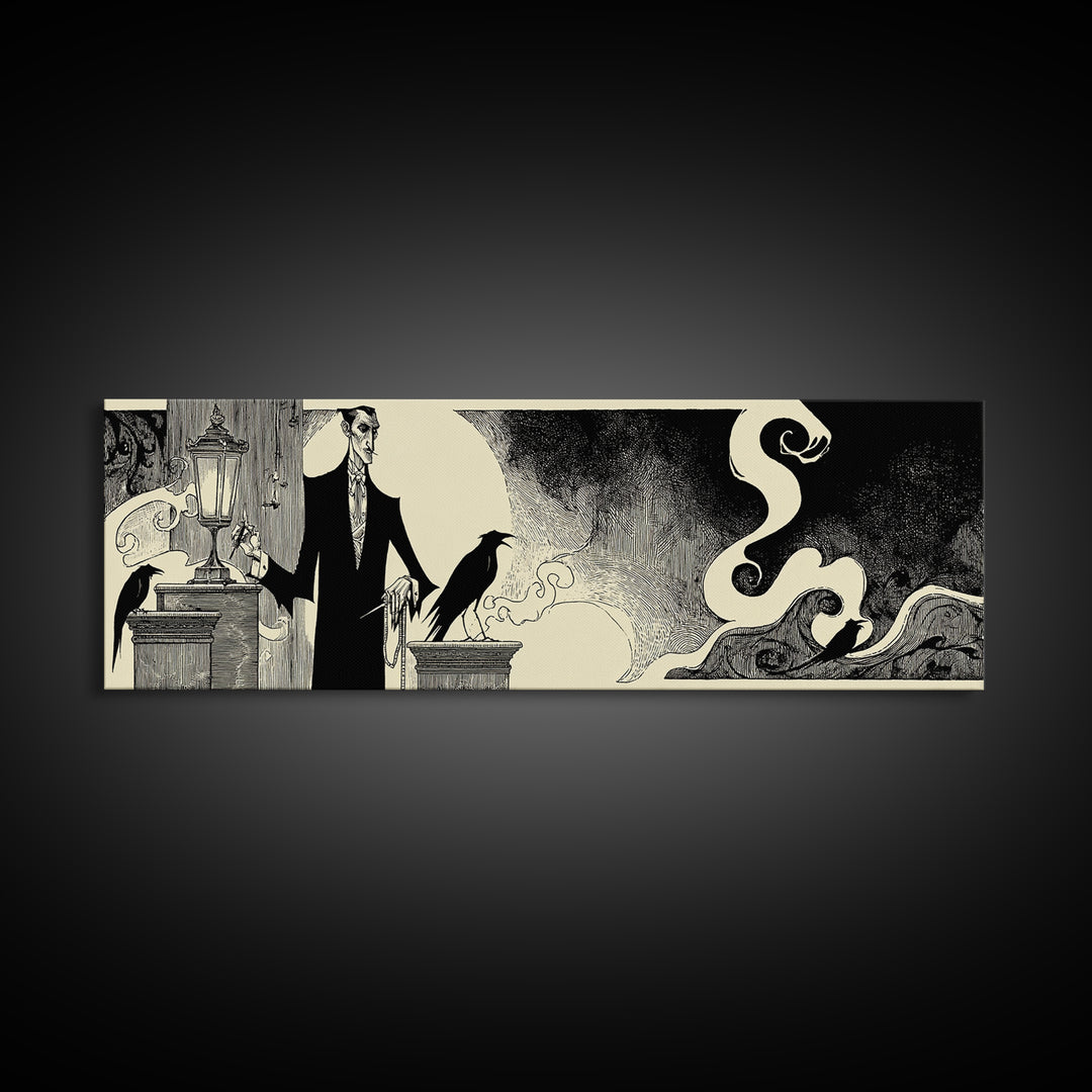 The Sinister Undertaker, Decadent Line Art, Extra Wide Wall Art, Dark Halloween Decor, Canvas Print, Halloween Wall Art