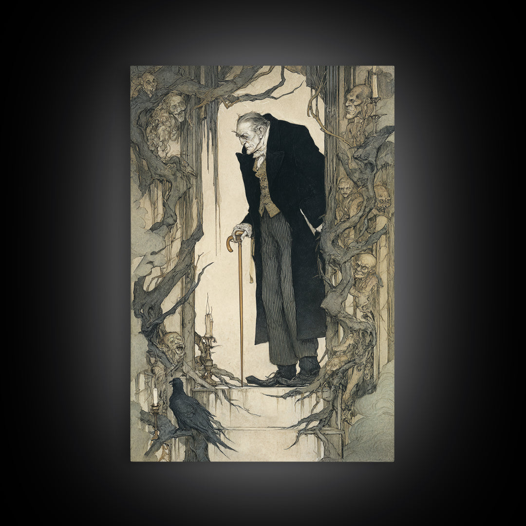 The Sinister Undertaker, Gothic Storybook Art, Vertical Wall Art, Gothic Horror Wall Art, Framed Canvas Print, Halloween Wall Art