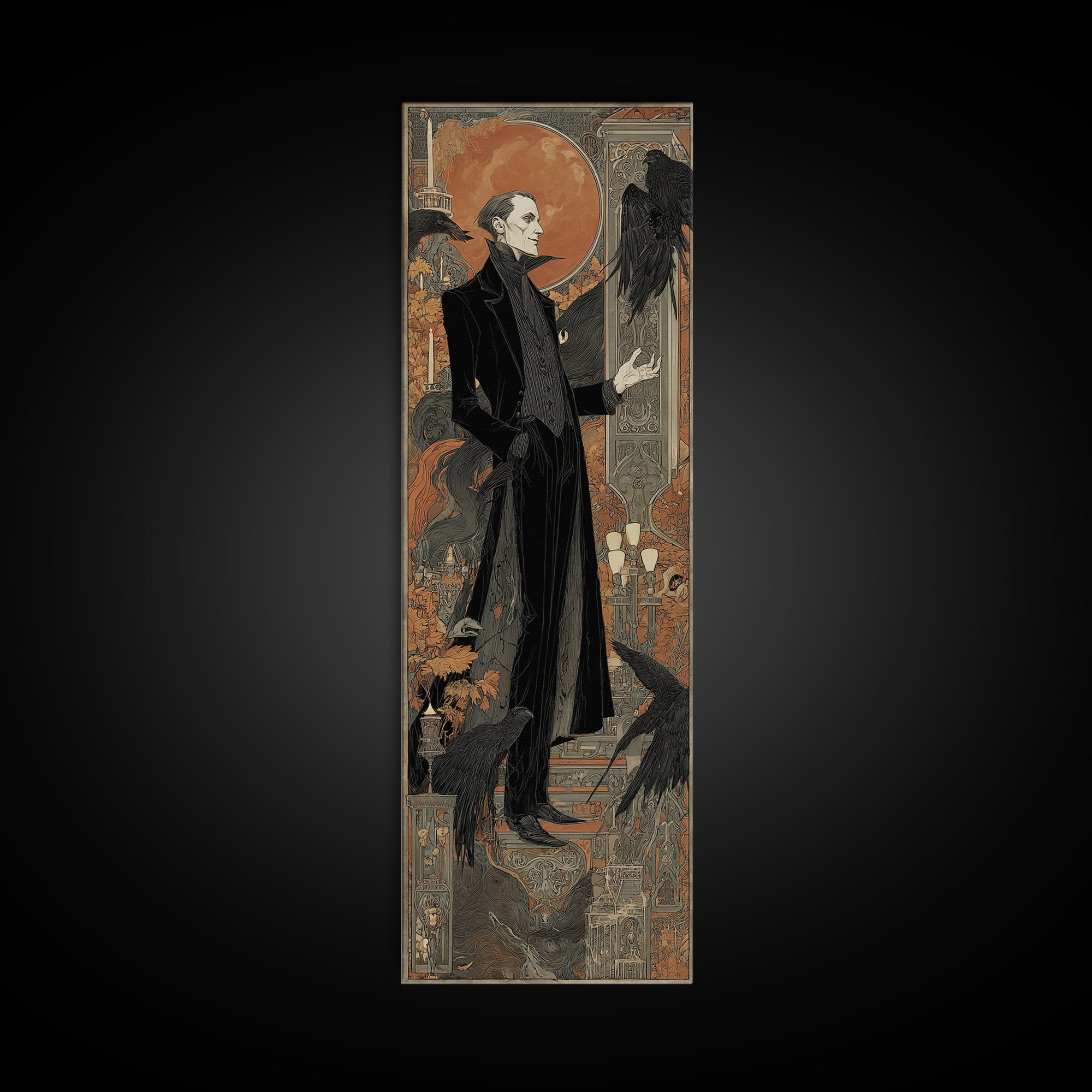 The Sinister Undertaker, Stained Glass Gothic Art, Tall Narrow Wall Art, Macabre Wall Art, Canvas Print, Halloween Wall Art