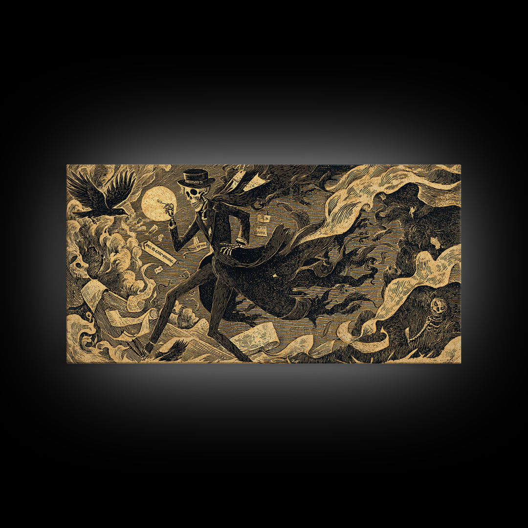 The Sinister Undertaker, Macabre Folk Print Art, Wide Panoramic Art, Dark Fantasy Wall Art, Canvas Print, Halloween Wall Art