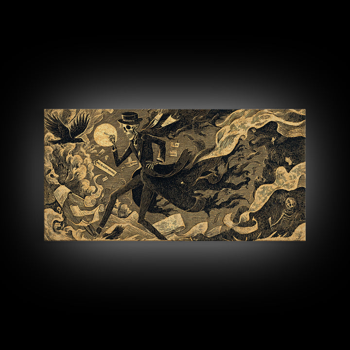 The Sinister Undertaker, Macabre Folk Print Art, Wide Panoramic Art, Dark Fantasy Wall Art, Canvas Print, Halloween Wall Art