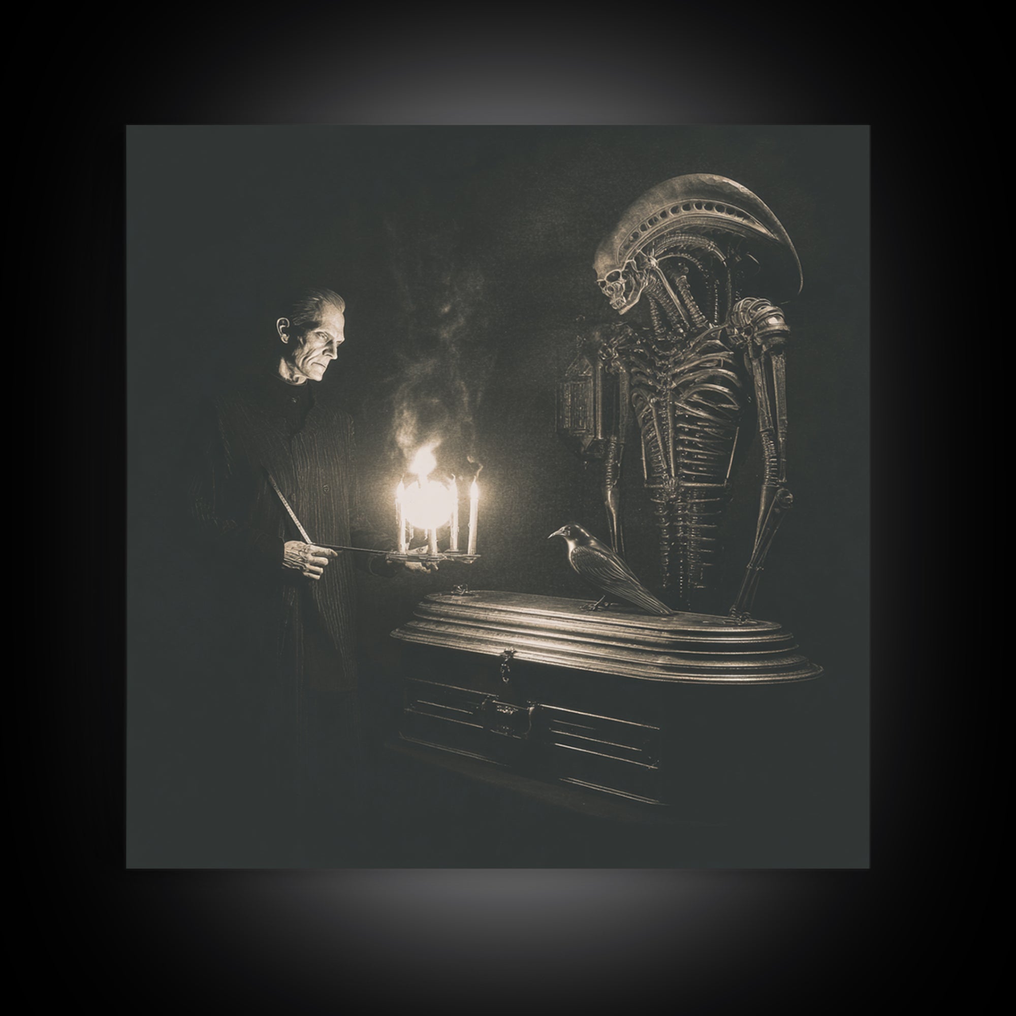 The Sinister Undertaker, Biomechanical Horror Art, Square Wall Art, Dark Fantasy Wall Art, Framed Canvas Print, Halloween Wall Art