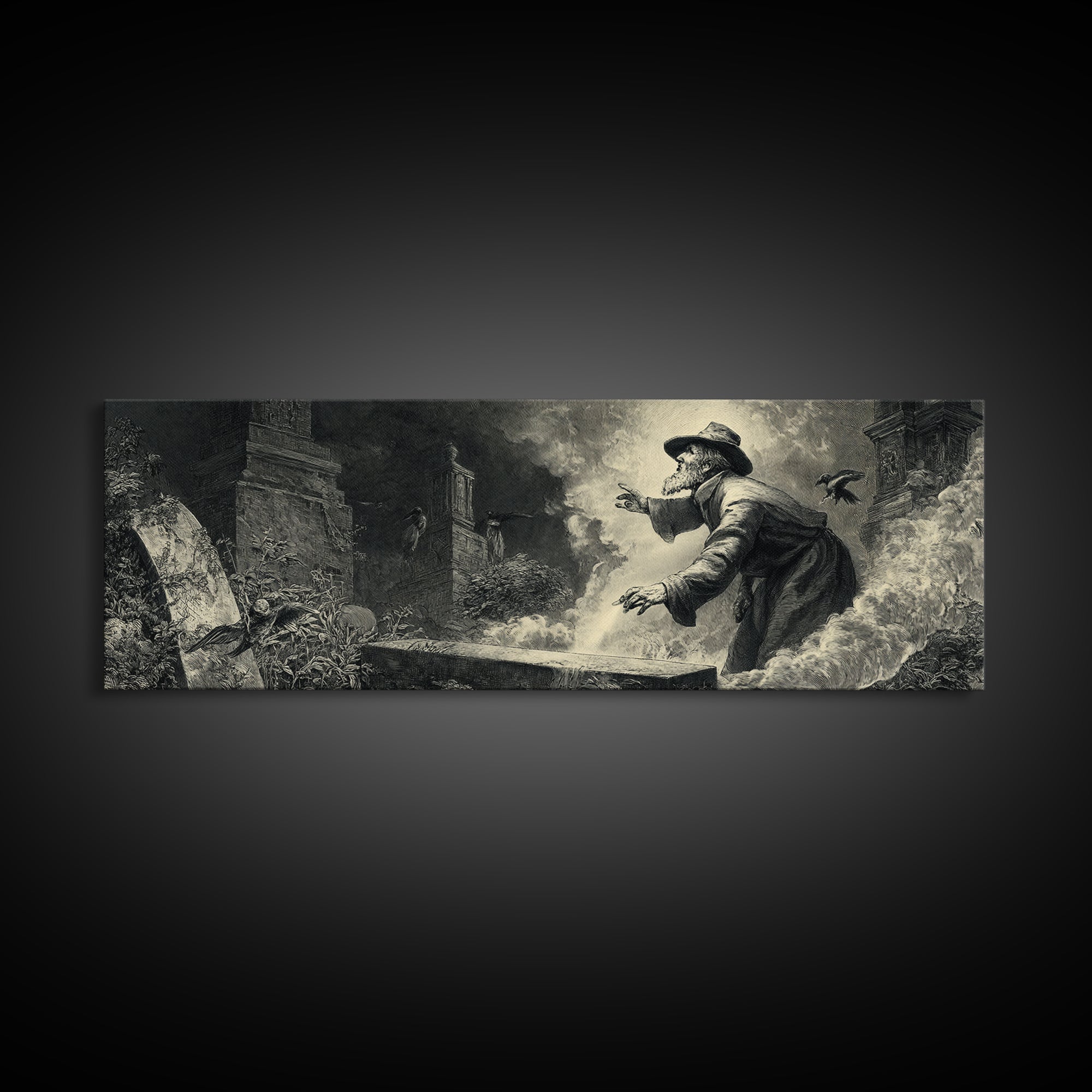 The Lantern Gravedigger, Gothic Engraving Art, Extra Wide Wall Art, Dark Fantasy Wall Art, Canvas Print, Halloween Wall Art