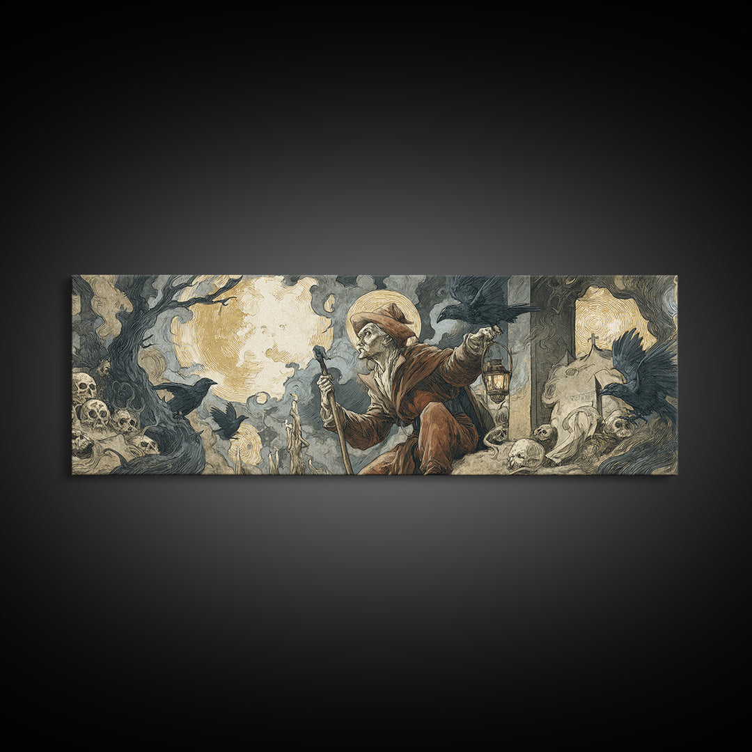 The Lantern Gravedigger, Dark Renaissance Art, Extra Wide Wall Art, Macabre Wall Art, Framed Canvas Print, Halloween Wall Art