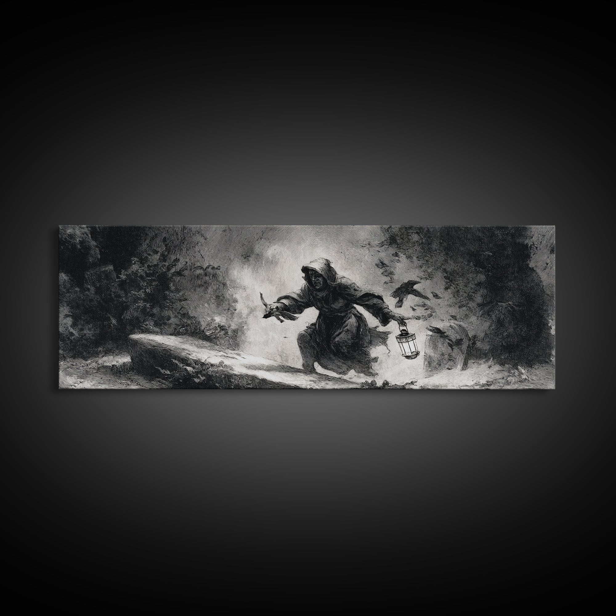 The Lantern Gravedigger, Dark Romantic Horror Art, Extra Wide Wall Art, Dark Fantasy Wall Art, Framed Canvas Print, Halloween Wall Art