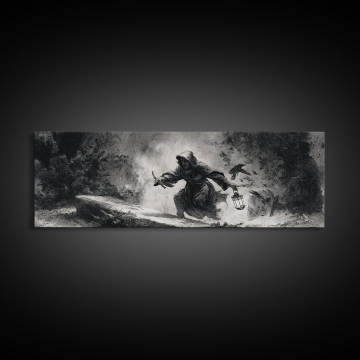 The Lantern Gravedigger, Dark Romantic Horror Art, Extra Wide Wall Art, Dark Fantasy Wall Art, Framed Canvas Print, Halloween Wall Art