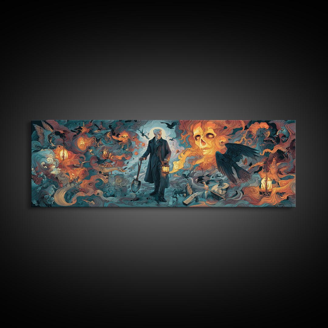 The Lantern Gravedigger, Visionary Gothic Art, Extra Wide Wall Art, Gothic Horror Wall Art, Framed Canvas Print, Halloween Wall Art