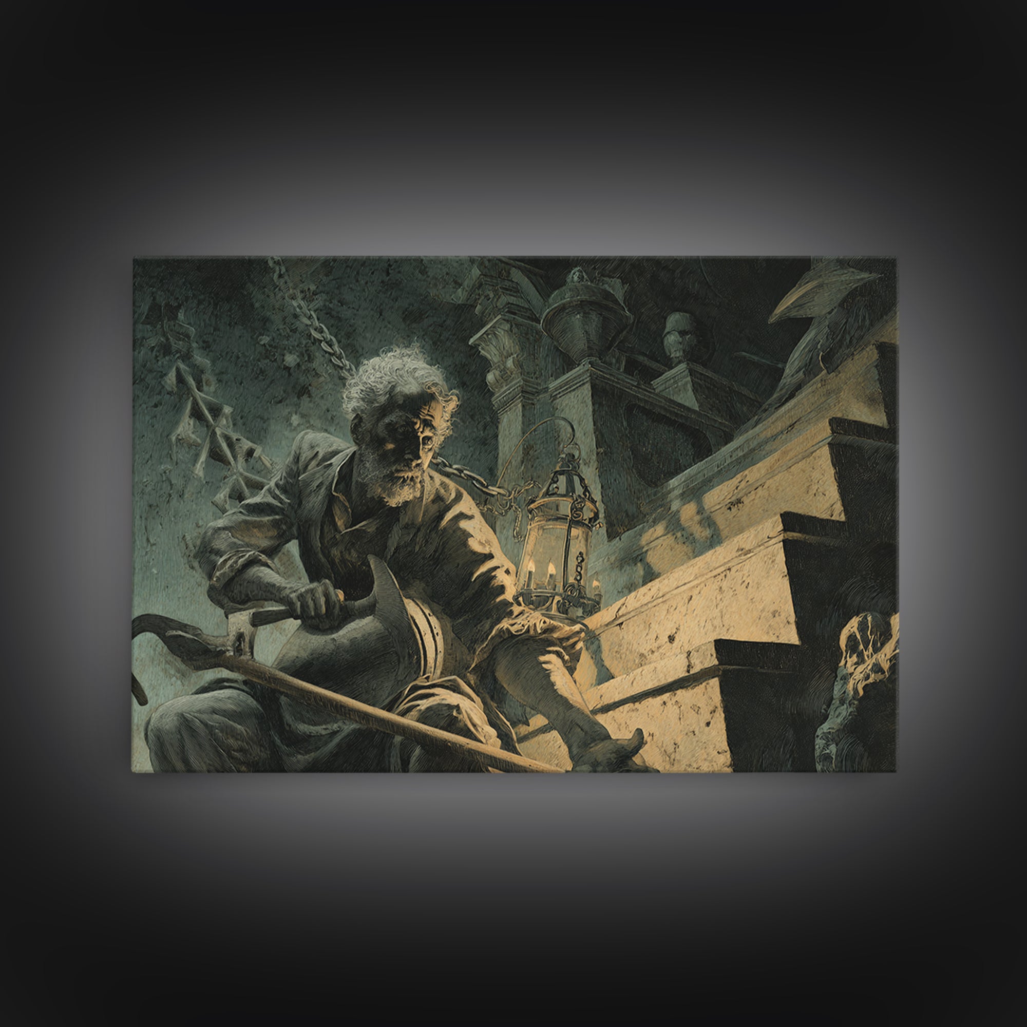 The Lantern Gravedigger, Architectural Etching Art, Landscape Wall Art, Gothic Horror Wall Art, Canvas Print, Macabre Wall Art
