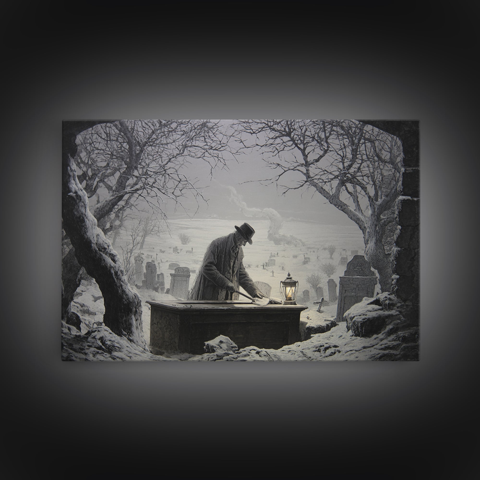 The Lantern Gravedigger, Romantic Gothic Landscape, Landscape Wall Art, Macabre Wall Art, Canvas Print, Halloween Wall Art