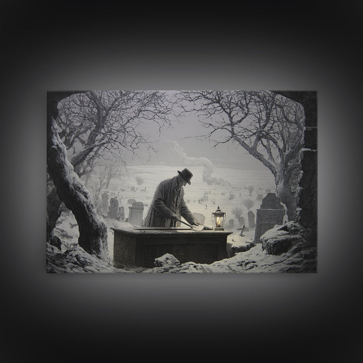 The Lantern Gravedigger, Romantic Gothic Landscape, Landscape Wall Art, Macabre Wall Art, Canvas Print, Halloween Wall Art