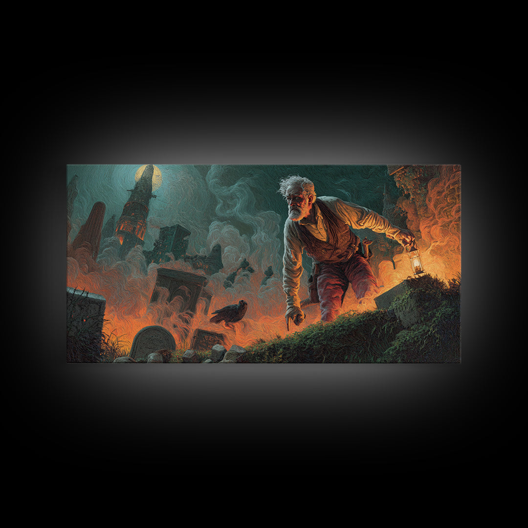 The Lantern Gravedigger, Apocalyptic Romantic Art, Wide Panoramic Art, Gothic Horror Wall Art, Canvas Print, Halloween Wall Art