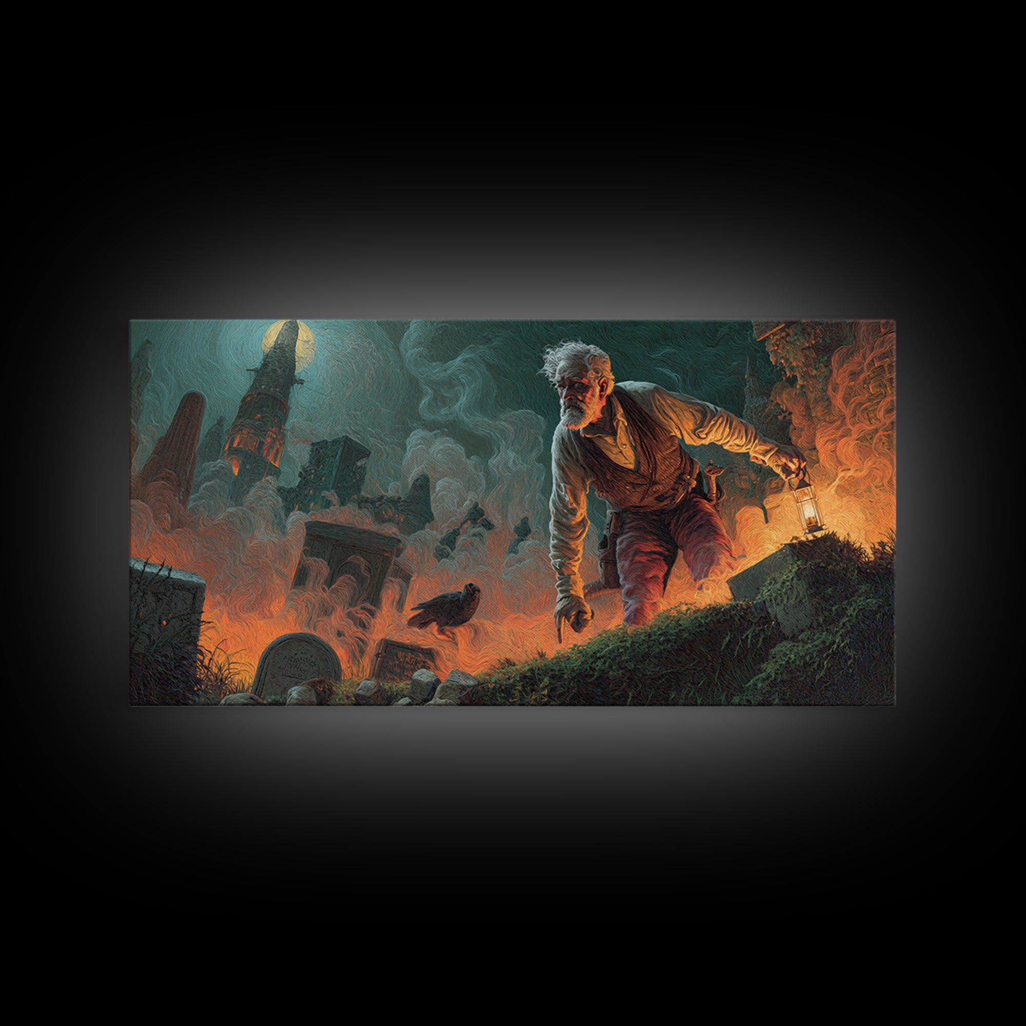 The Lantern Gravedigger, Apocalyptic Romantic Art, Wide Panoramic Art, Gothic Horror Wall Art, Canvas Print, Halloween Wall Art