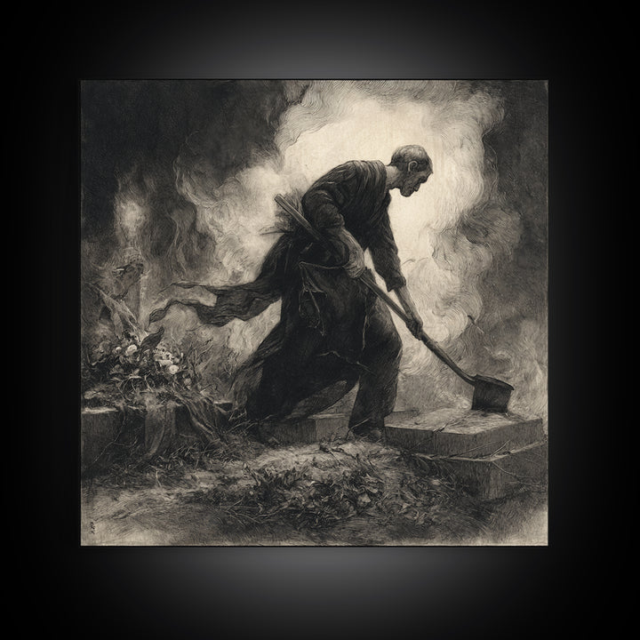 The Lantern Gravedigger, Symbolist Dream Art, Square Wall Art, Macabre Wall Art, Canvas Print, Halloween Wall Art, Seasonal Home Decor