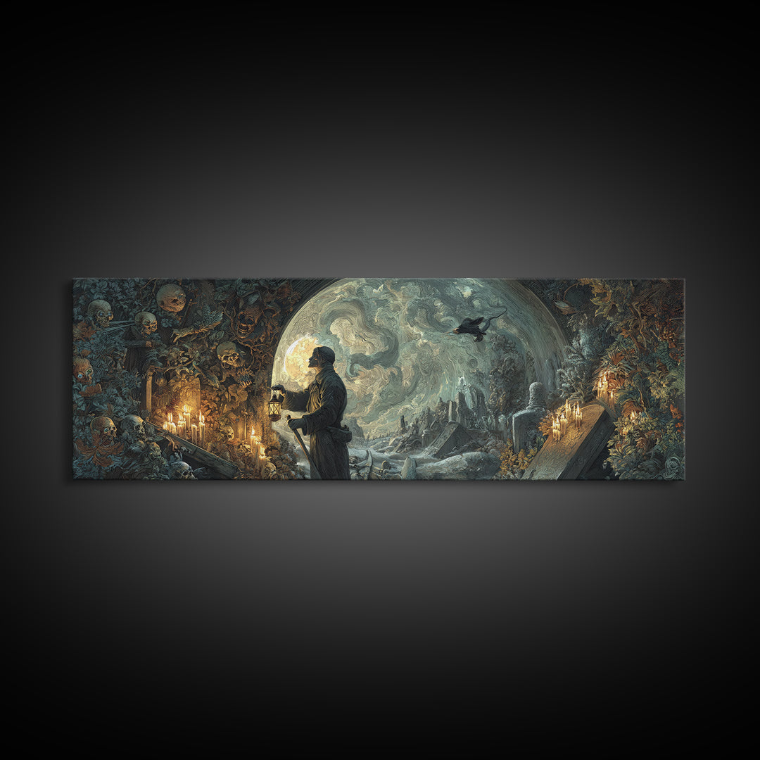 The Lantern Gravedigger, Ornate Symbolist Art, Extra Wide Wall Art, Gothic Horror Wall Art, Framed Canvas Print, Halloween Wall Art