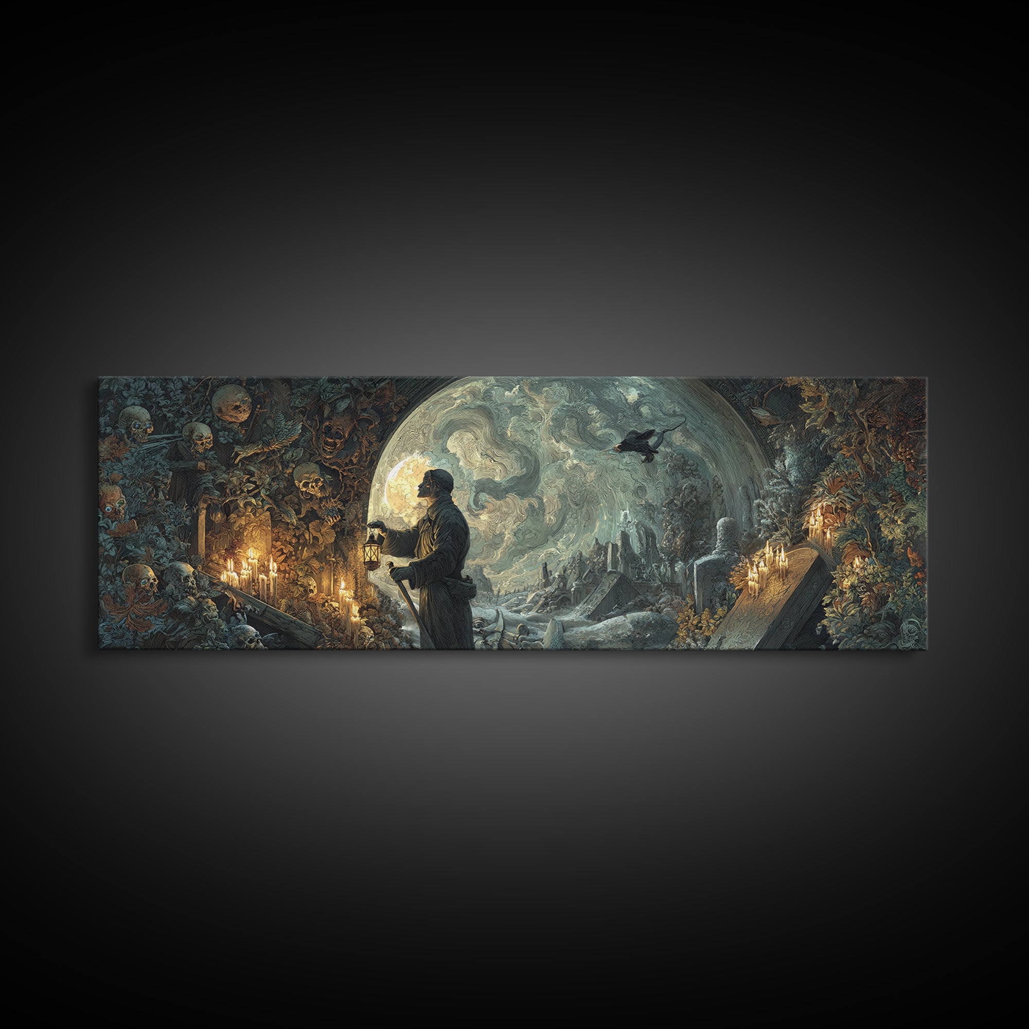 The Lantern Gravedigger, Ornate Symbolist Art, Extra Wide Wall Art, Gothic Horror Wall Art, Framed Canvas Print, Halloween Wall Art