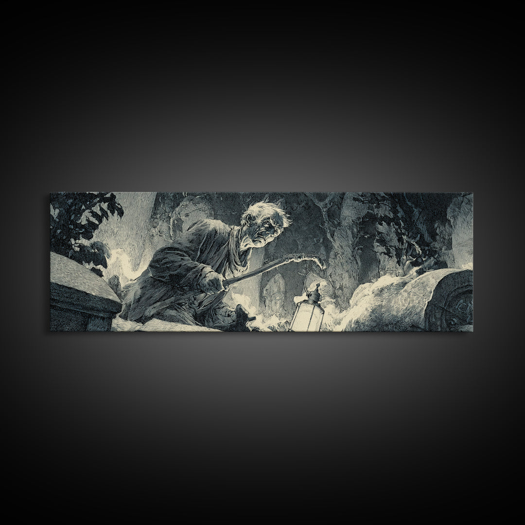 The Lantern Gravedigger, Decadent Gothic Art, Extra Wide Wall Art, Dark Halloween Decor, Framed Canvas Print, Halloween Wall Art