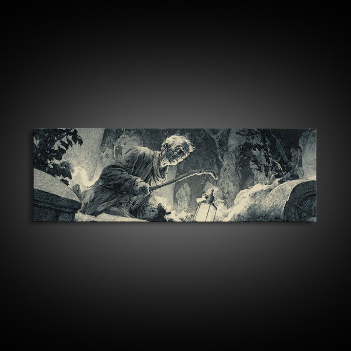 The Lantern Gravedigger, Decadent Gothic Art, Extra Wide Wall Art, Dark Halloween Decor, Framed Canvas Print, Halloween Wall Art