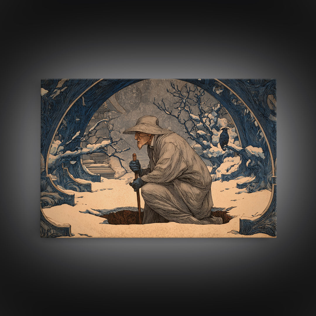 The Lantern Gravedigger, Symbolist Death Art, Landscape Wall Art, Dark Fantasy Wall Art, Canvas Print, Halloween Wall Art