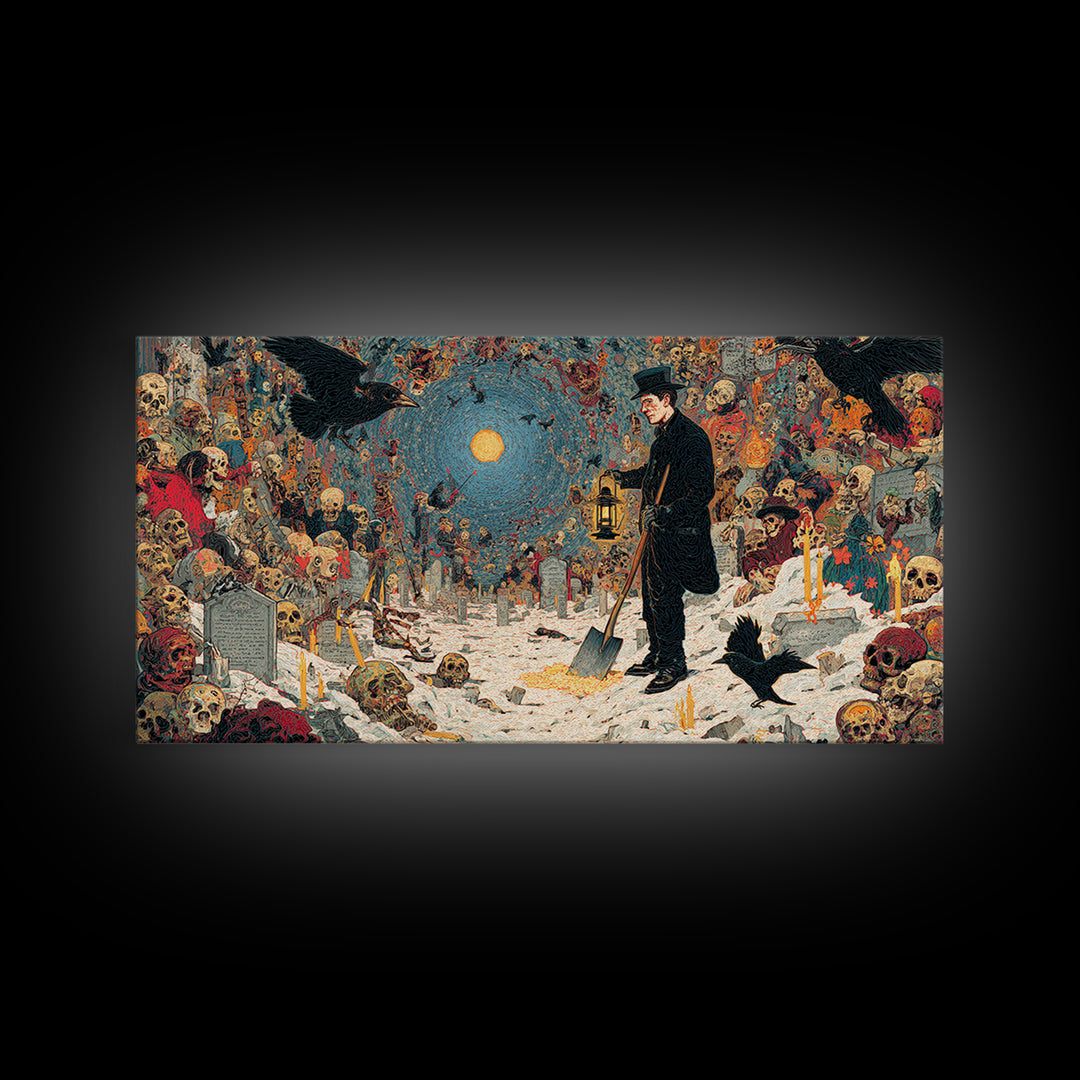 The Lantern Gravedigger, Grotesque Carnival Art, Wide Panoramic Art, Dark Fantasy Wall Art, Canvas Print, Halloween Wall Art